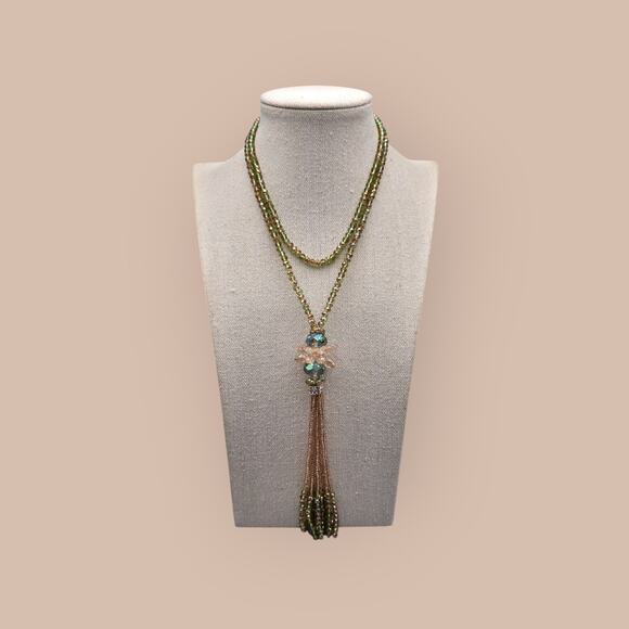Champagne Beaded with Borealis Accents Long 3Necklace with Tassel - Picture 4 of 6